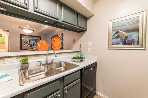 A kitchen with a sink and a painting on the wall.