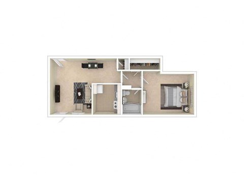 a small apartment with a kitchen and a living room