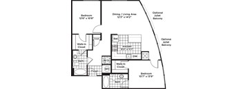 a floor plan of a bedroom apartment with a curved wall and a closet