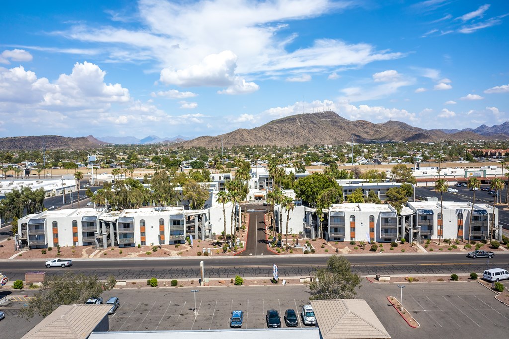 an aerial view of the city