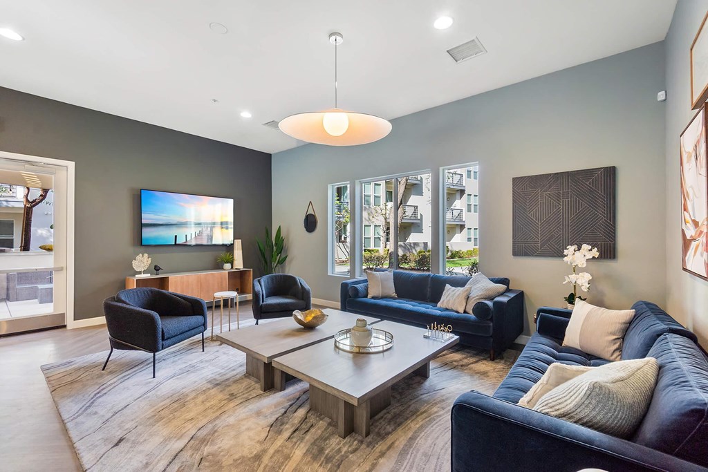 Riverside Luxury Apartments- LuxLiv- Clubhouse with Lounge Seating, Large Windows, and Large Area Rug