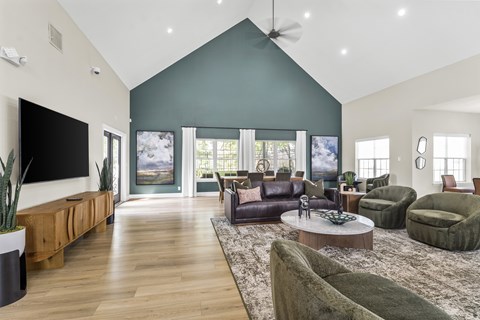 A living room with a green sofa and a wooden floor.