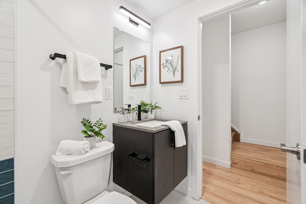 A bathroom with a white toilet and a black cabinet.