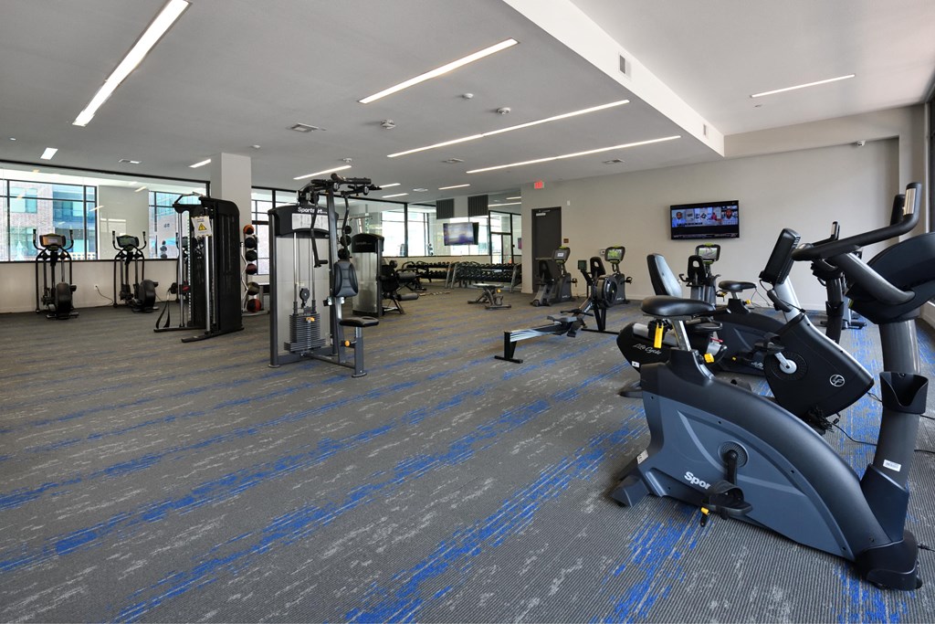 A gym with a variety of exercise equipment.