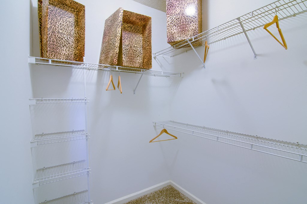 Enclave at Wolfchase Apartments in Cordova Tennessee photo of a walk in closet with white walls and white shelves