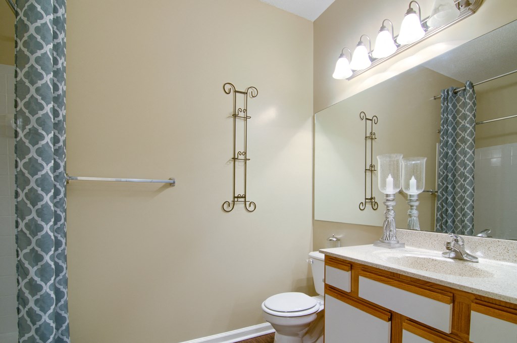 Enclave at Wolfchase Apartments in Cordova Tennessee photo of a bathroom with a toilet sink mirror and shower