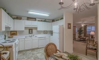 Twin Oaks Apartments in Hattiesburg Mississippi photo of a kitchen with white cabinets and white appliances