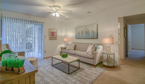 Rutland Place Apartments in Macon Georgia photo of a living room with a ceiling fan and a sliding glass door