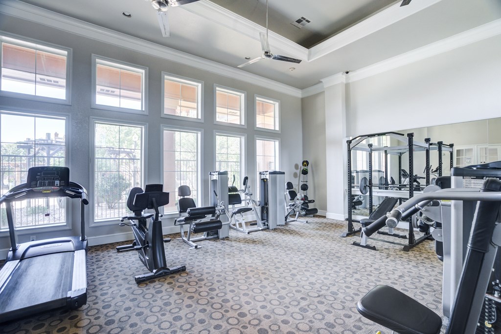 A spacious gym with a variety of equipment and large windows.