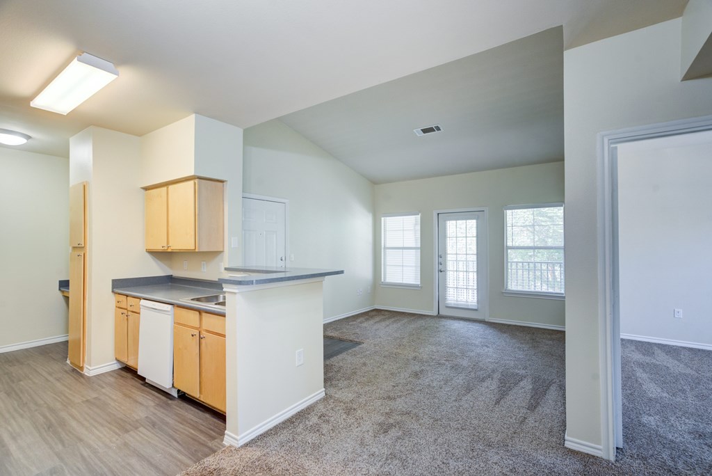 A kitchen with wooden cabinets and a countertop is shown.