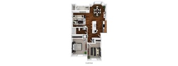 A floor plan of an apartment with a living room, dining room, kitchen, and two bedrooms.