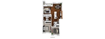 A floor plan of a two-bedroom apartment with a living room, kitchen, and bathroom.