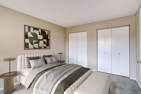 A bedroom with a large bed and a painting on the wall.