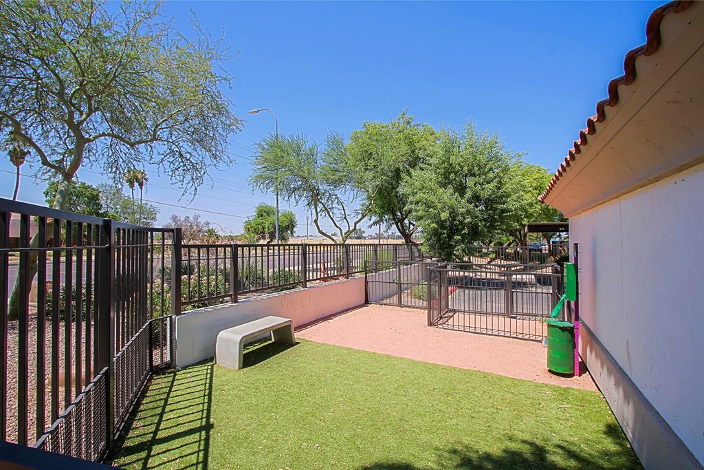 Three Bedroom Apartments in West Phoenix AZ - Del Mar - Dog Park with Grass Area and a Bench.