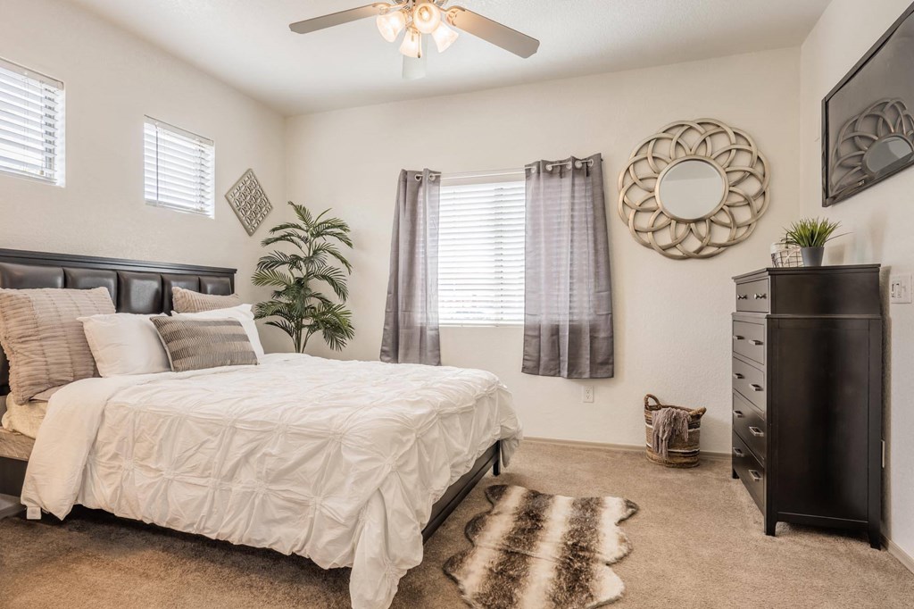 a bedroom with a bed and a dresser