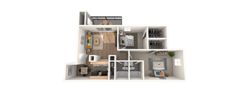a 3d rendering of a 1 bedroom apartment with a bathroom and a living room