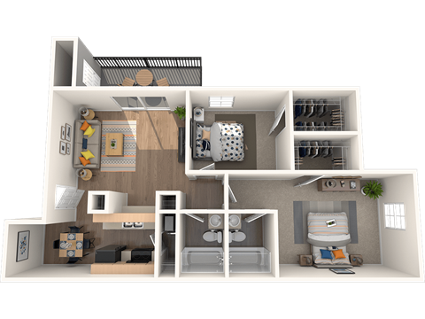 a 3d rendering of a 1 bedroom apartment with a bathroom and a living room