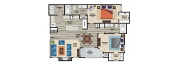 A floor plan of a house with a living room, dining room, kitchen, and multiple bathrooms.
