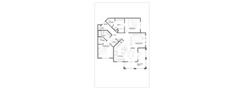A black and white floor plan of a house with two bedrooms, a living room, a kitchen, a dining area, a hallway, and a bathroom.