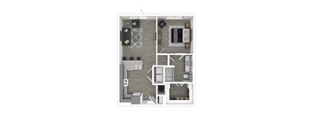 A floor plan of a small apartment with a kitchen, living room, and bathroom.