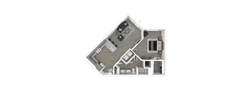 A top-down view of a house layout with a kitchen, living room, and bathroom.