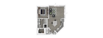 A top-down view of a modern apartment layout with a kitchen, living room, and bedrooms.