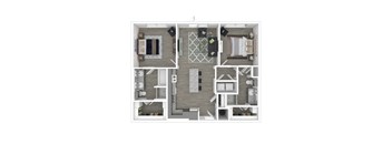 A floor plan of a house with a living room, kitchen, and two bedrooms.