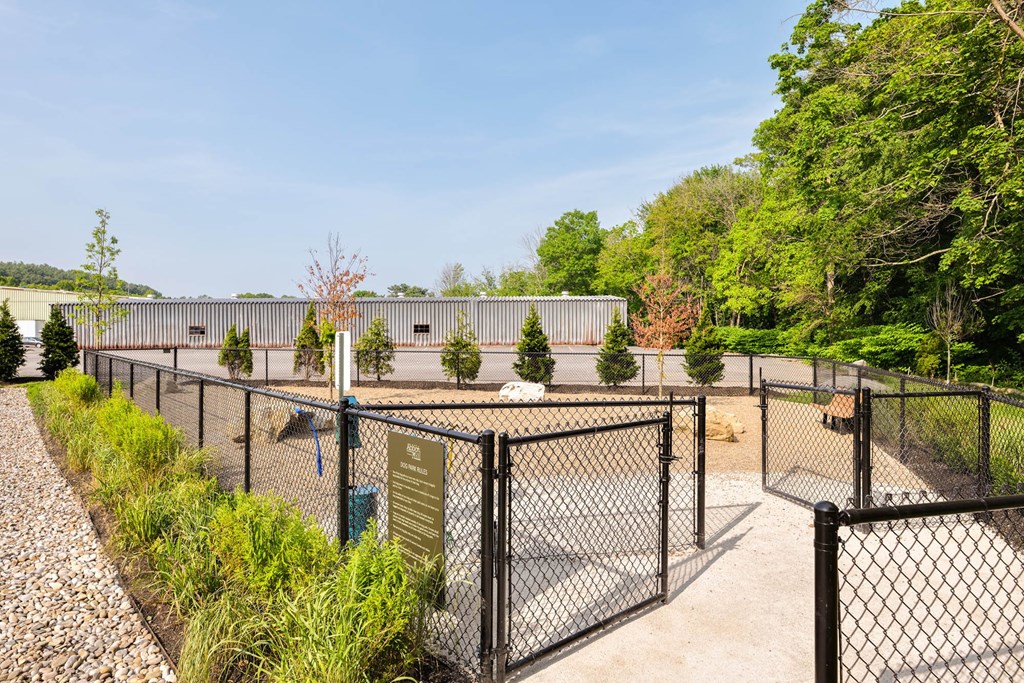 Fenced dog park with gravel, trees, and pet waste station.