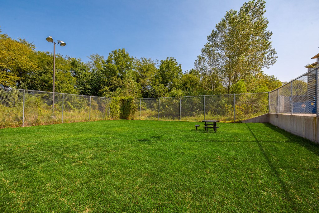a fenced in dog park with a picnic table in the grass