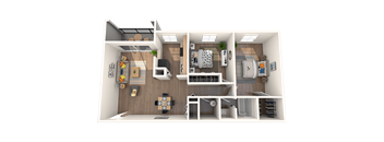 Apartments in Tampa, FL for Rent – Belara Lakes – 3D floorplan of our 2 bed, 1 bath, 971 sq. ft. Dove floorplan