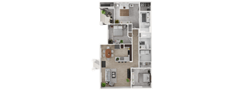 A top-down view of a house layout with a kitchen, living room, and bathrooms.