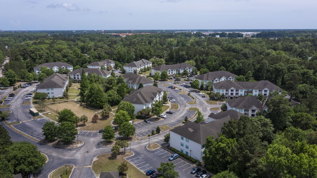 an aerial view of a neighborhood of houses