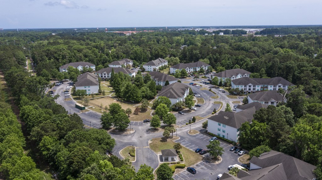 arial view of a neighborhood with houses and trees