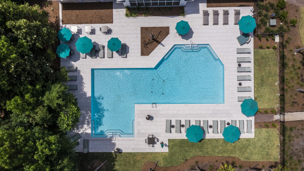 arial view of a resort style pool with lounge chairs and umbrellas