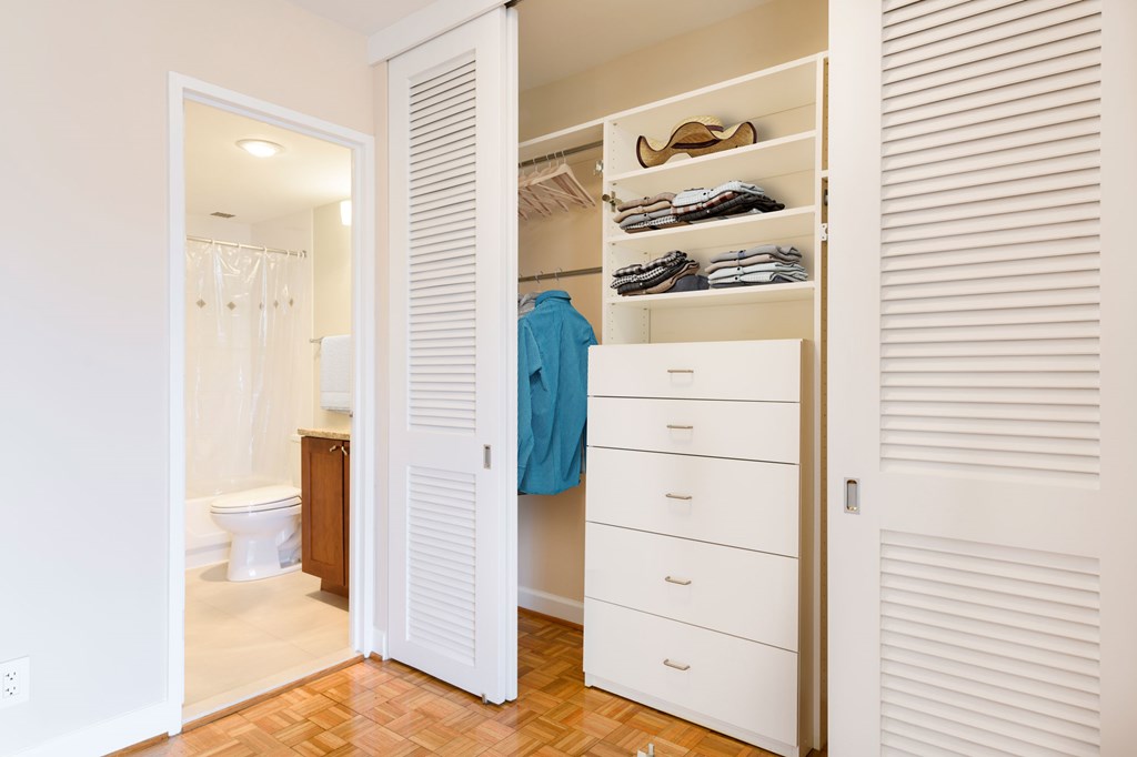 A white closet with a blue shirt hanging on the door.