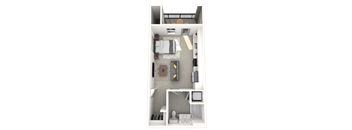 A 3D rendered image of a small apartment layout.