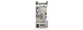 A 3D floor plan of a small apartment with a kitchen, living room, and bathroom.