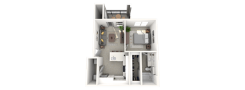 A 3D floor plan of a small apartment with a kitchen, living room, and bedroom.