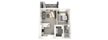 A 3D floor plan of a small apartment with a kitchen, living room, and two bathrooms.