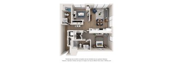 A 3D floor plan of a small apartment with a kitchen, living room, and bathroom.