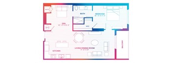 a floor plan of a living room with a dining room and a kitchen