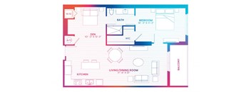 a floor plan of a living room with a dining room and a kitchen