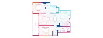 a blueprint of a floor plan of a house with blue and red lines