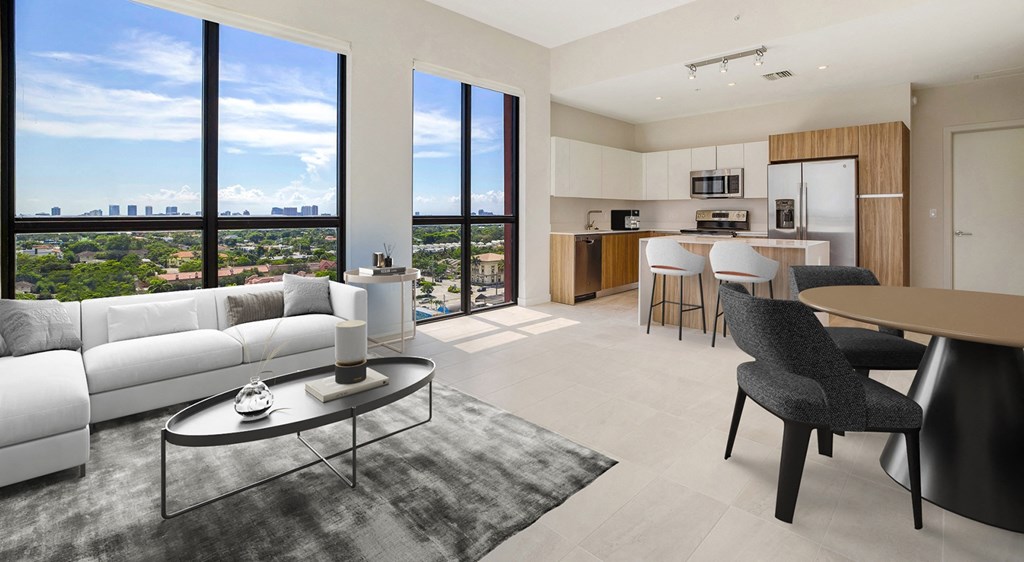 a living room with a couch and a table