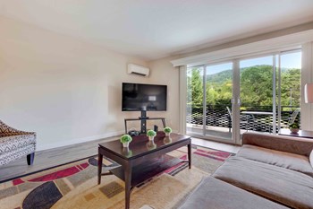 Apartments in Los Gatos - El Gato Penthouse - Living Room with Wood-Style Flooring, Light Beige Walls, and Access to the Balcony Through Sliding Glass Doors - Photo Gallery 2