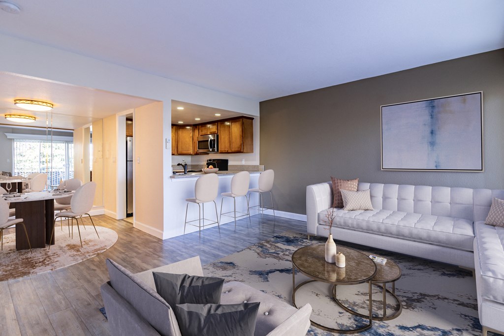 Apartments for Rent Los Gatos CA - El Gato Penthouse - Living Room with Attached Dining Room, Access to Kitchen, and Accent Wall