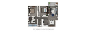 2-bedroom apartment layout with two baths at Elliot Norcross pet-friendly community