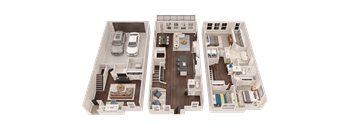 Three floor plans of a house with a kitchen, living room, and bedrooms.