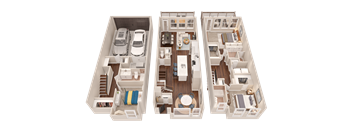 Three floor plans of a house with a car in the garage.