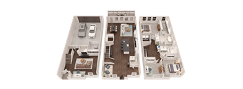 A set of three floor plans for a house with a garage, living room, and kitchen.